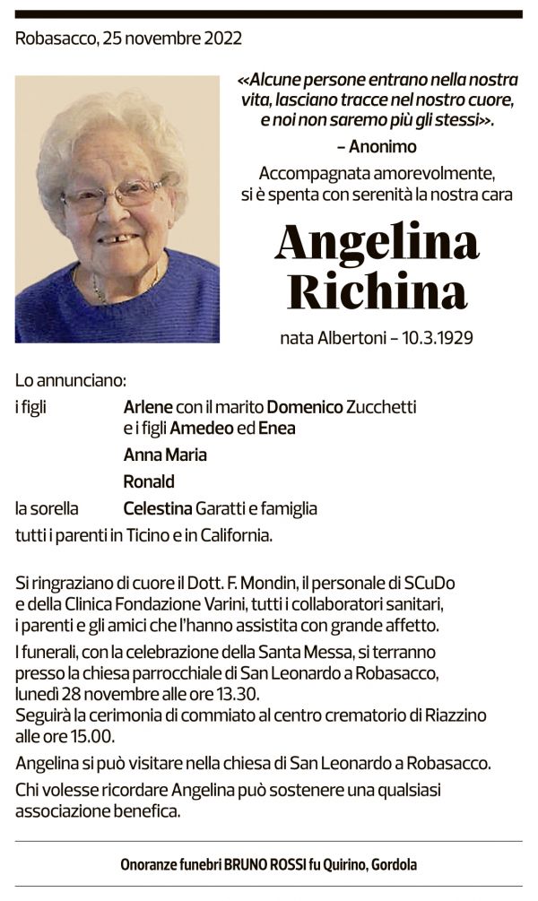 Annuncio funebre Angelina Richina