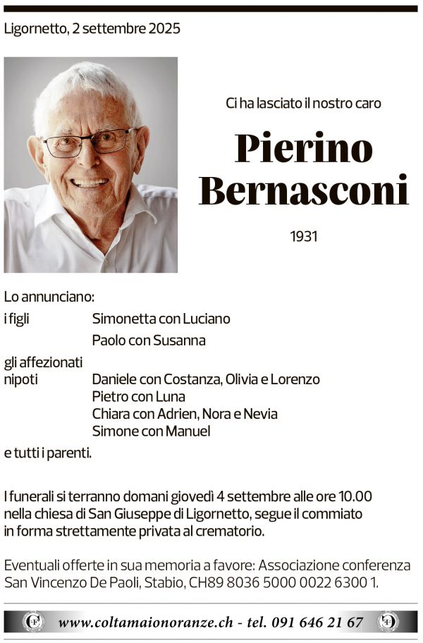 Annuncio funebre Pierino Bernasconi