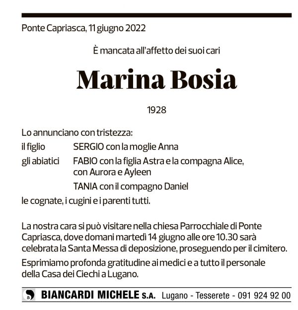 Annuncio funebre Marina Bosia