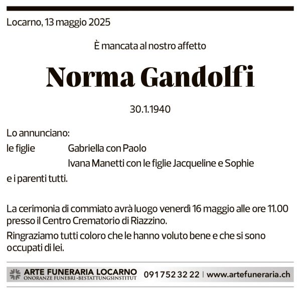 Annuncio funebre Norma Gandolfi