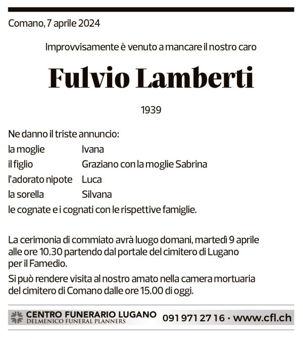 Annuncio funebre Fulvio Lamberti