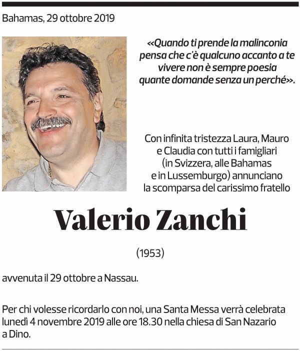 Annuncio funebre Valerio Zanchi