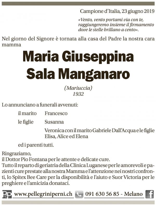 Annuncio funebre Maria Giuseppina Sala Manganaro