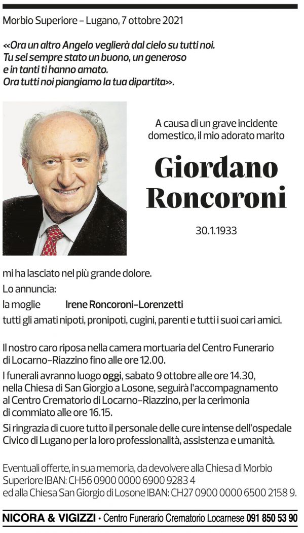 Annuncio funebre Giordano Roncoroni