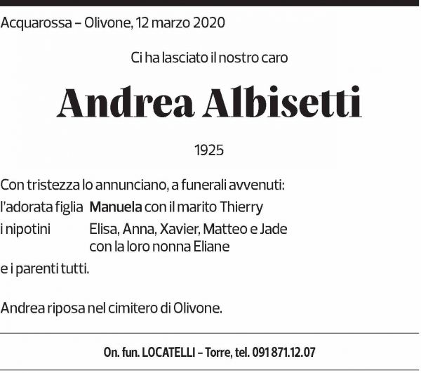 Annuncio funebre Andrea Albisetti