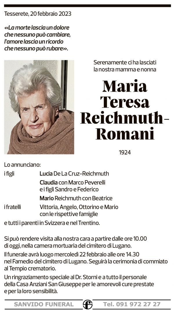 Annuncio funebre Maria Teresa Reichmuth-romani