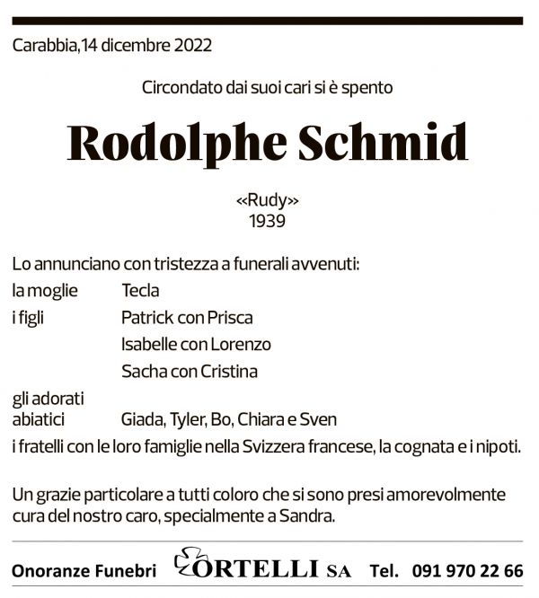 Annuncio funebre Rodolphe Schmid