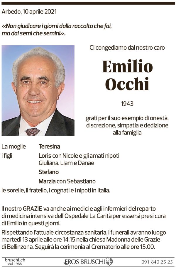 Annuncio funebre Emilio Occhi