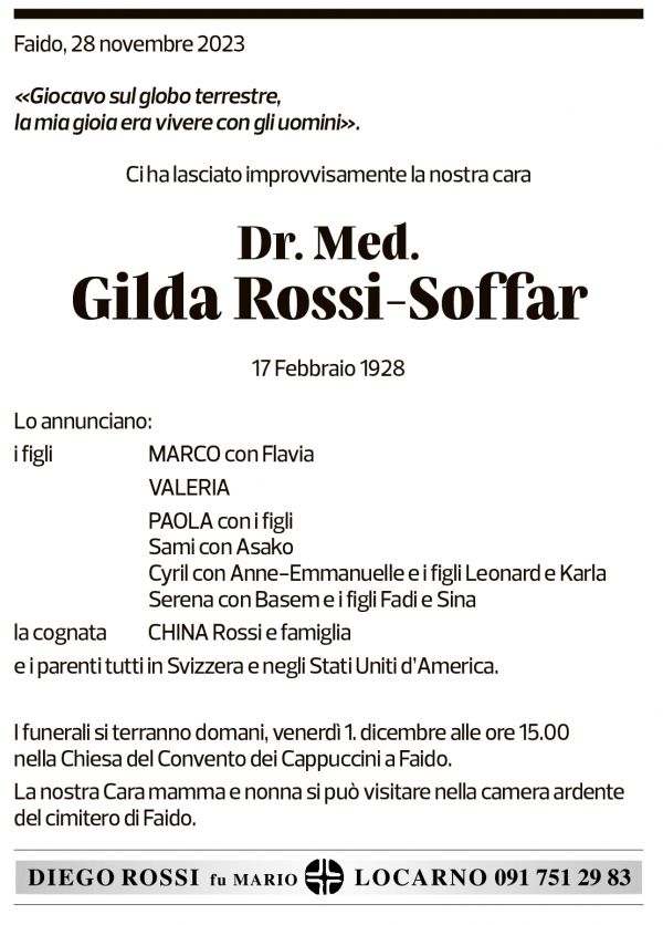 Annuncio funebre Gilda Rossi-soffar