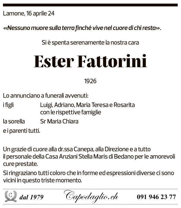 Annuncio funebre Ester Fattorini