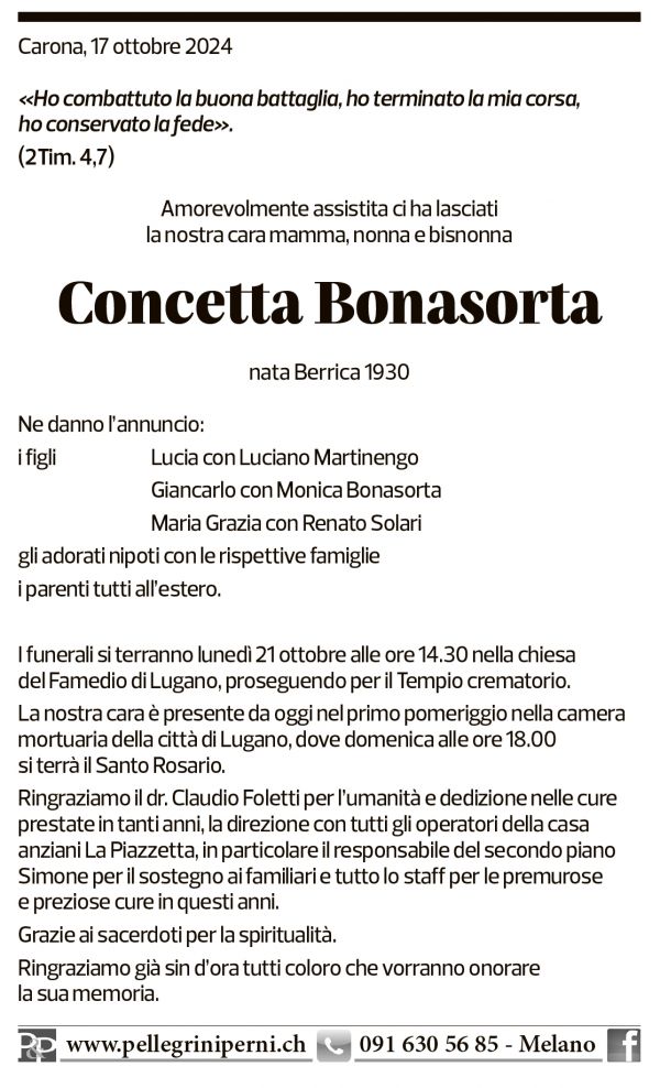 Annuncio funebre Concetta Bonasorta