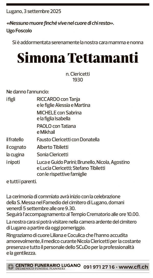Annuncio funebre Simona Tettamenti
