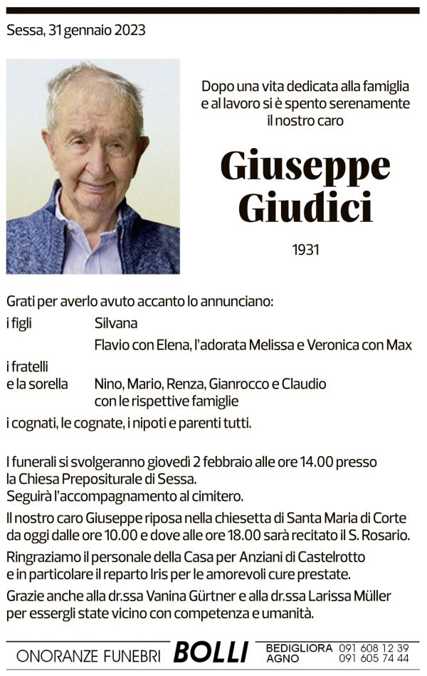 Annuncio funebre Giuseppe Giudici