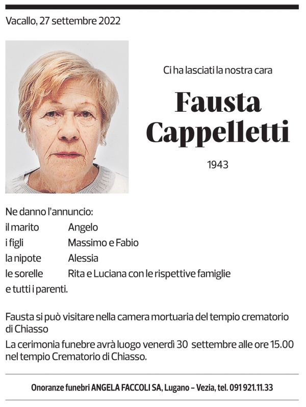 Annuncio funebre Fausta Cappelletti