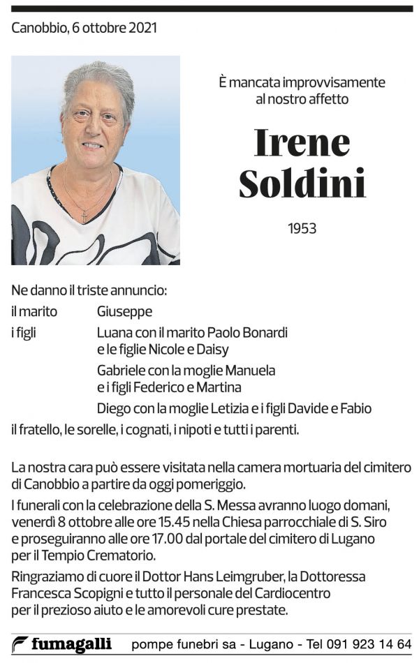 Annuncio funebre Irene Soldini