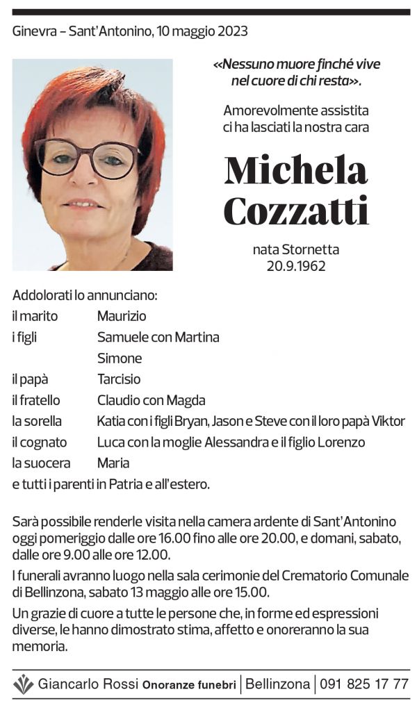 Annuncio funebre Michela Cozzatti