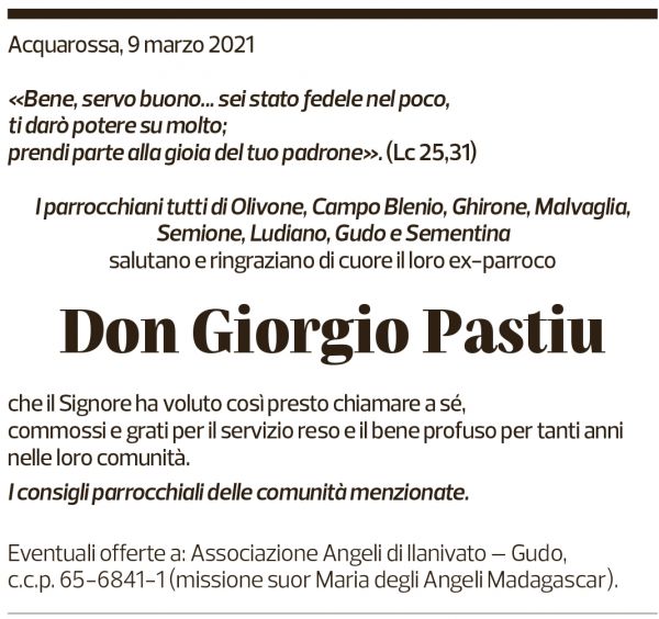 Annuncio funebre Giorgio Pastiu