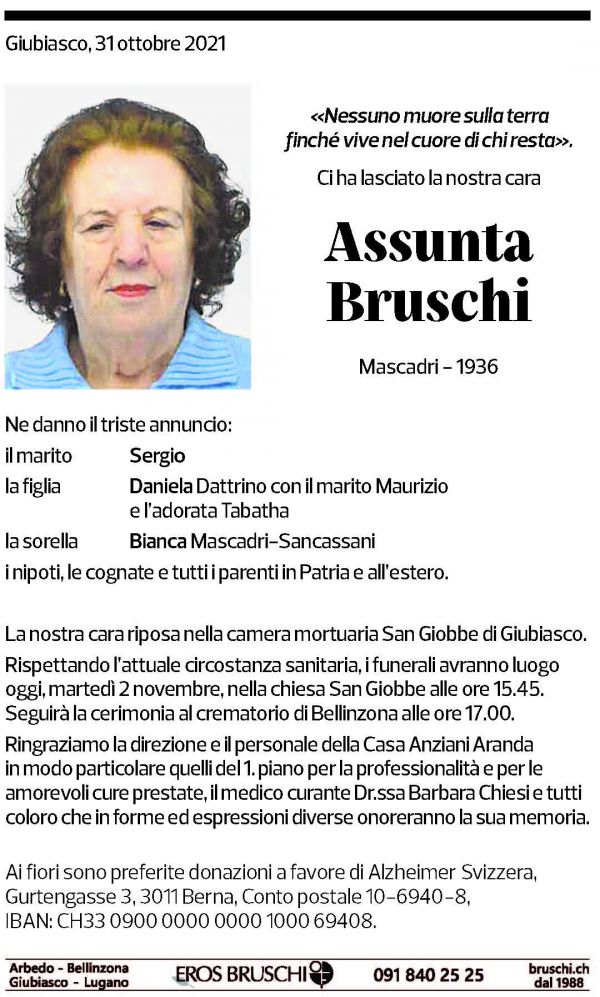 Annuncio funebre Assunta Bruschi