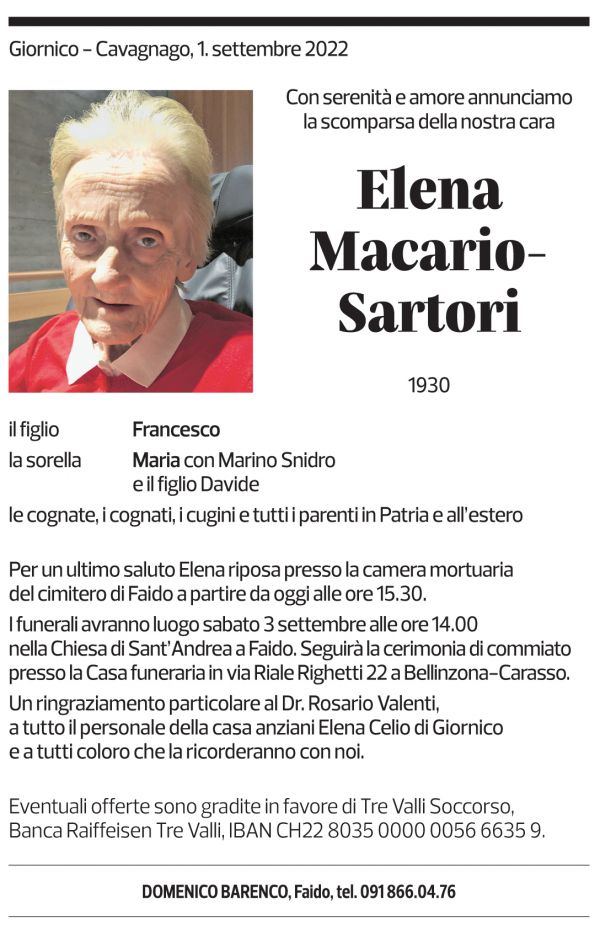 Annuncio funebre Elena Macario-sartori