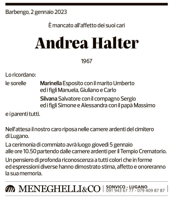 Annuncio funebre Andrea Halter