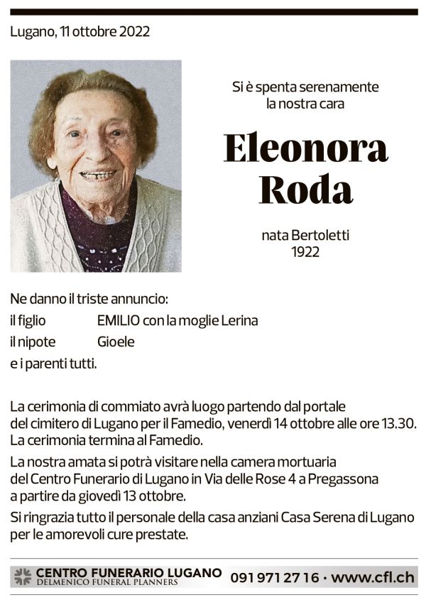 Annuncio funebre Eleonora Roda