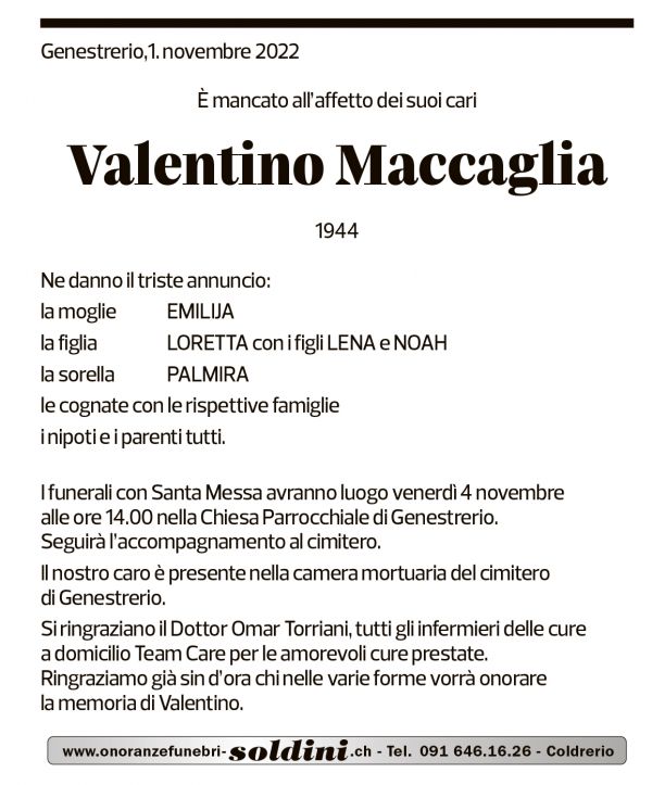 Annuncio funebre Valentino Maccaglia