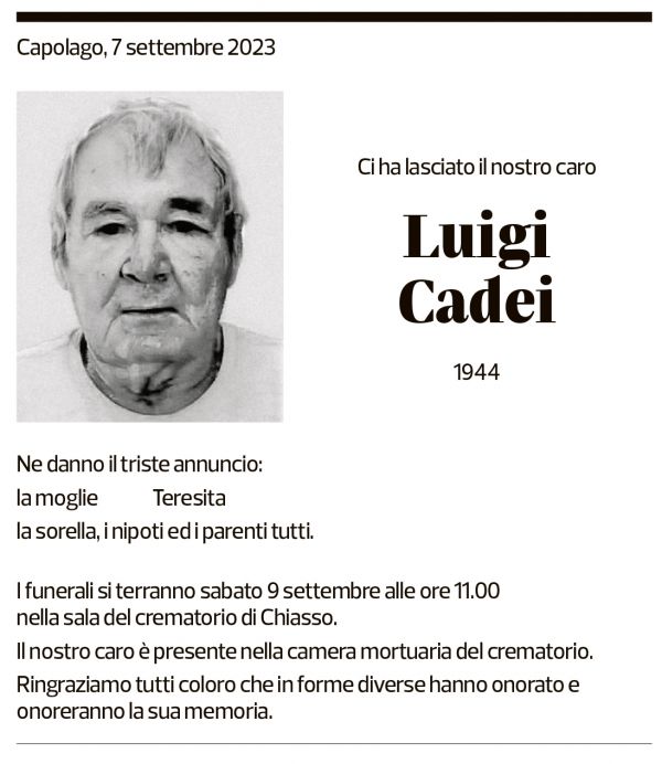 Annuncio funebre Luigi Cadei