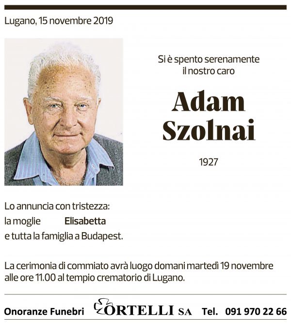 Annuncio funebre Adam Szolnai