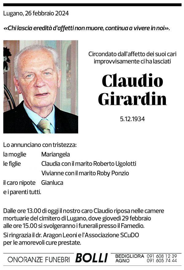 Annuncio funebre Claudio Girardin