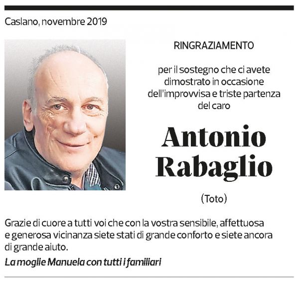 Annuncio funebre Antonio Rabaglio