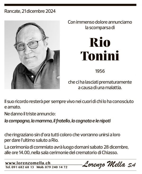 Annuncio funebre Rio Tonini