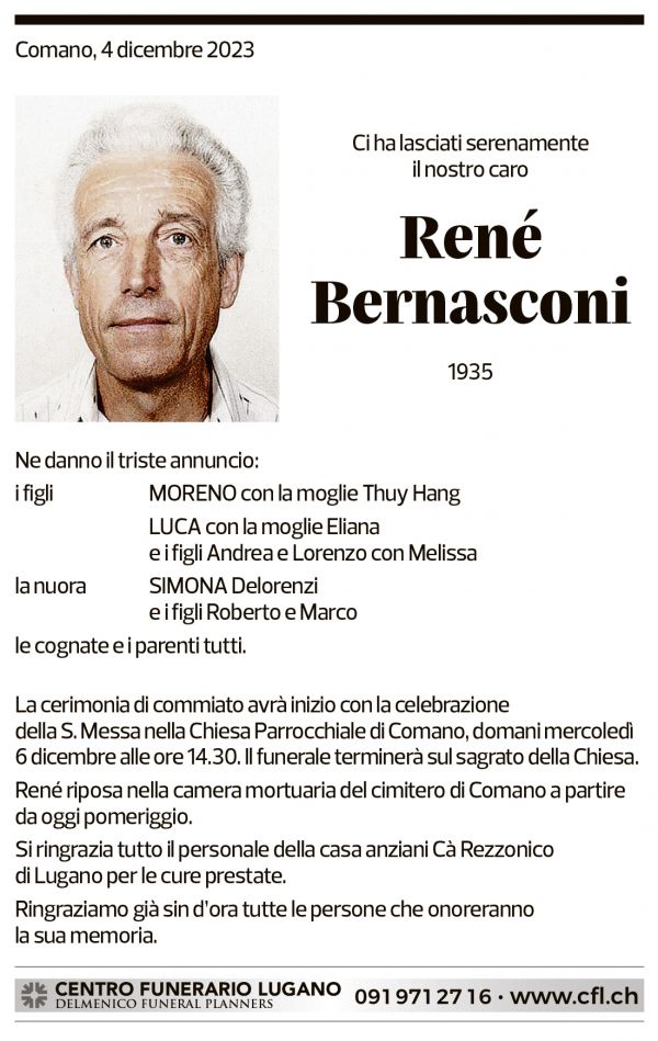 Annuncio funebre René Bernasconi