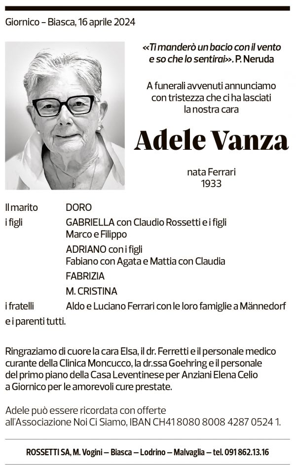 Annuncio funebre Adele Vanza