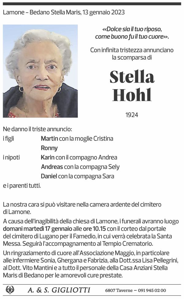 Annuncio funebre Stella Hohl