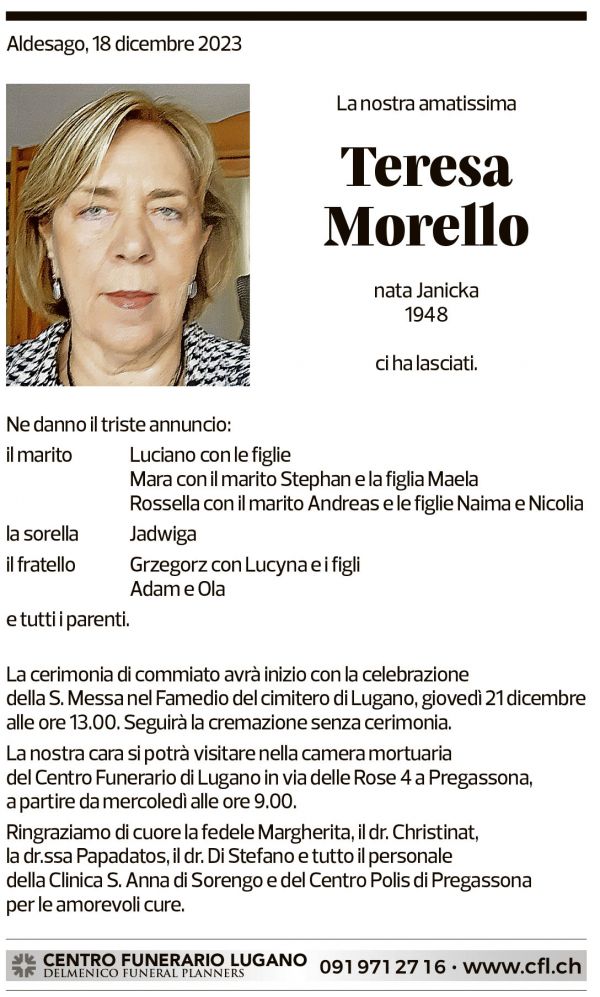 Annuncio funebre Teresa Morello