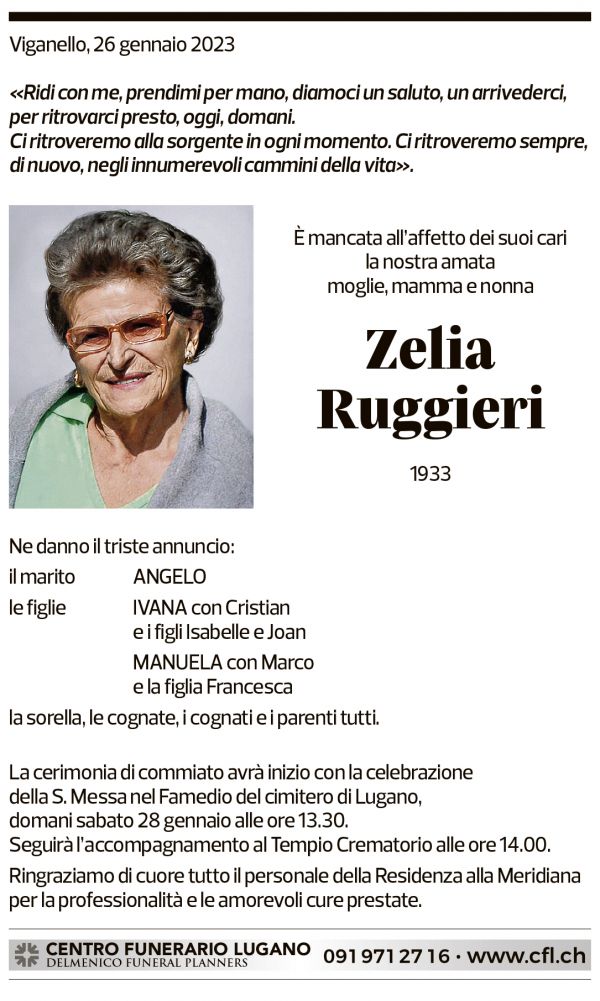 Annuncio funebre Zelia Ruggieri