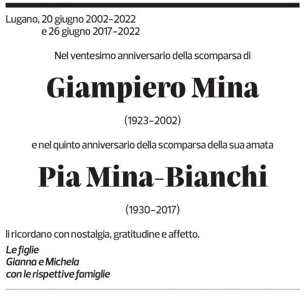 Annuncio funebre Giampiero Pina Mina-bianchi