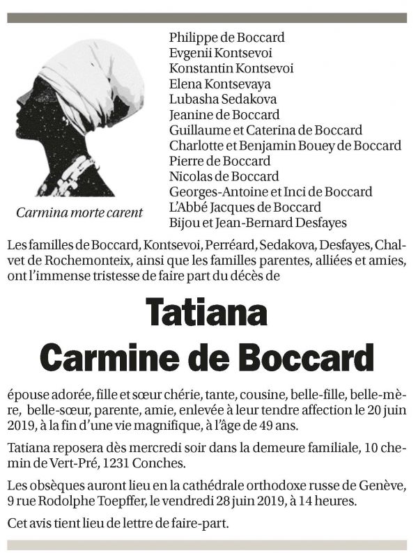 Annuncio funebre Tatiana Carmine De Boccard