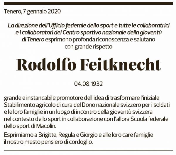 Annuncio funebre Rodolfo Feitknecht