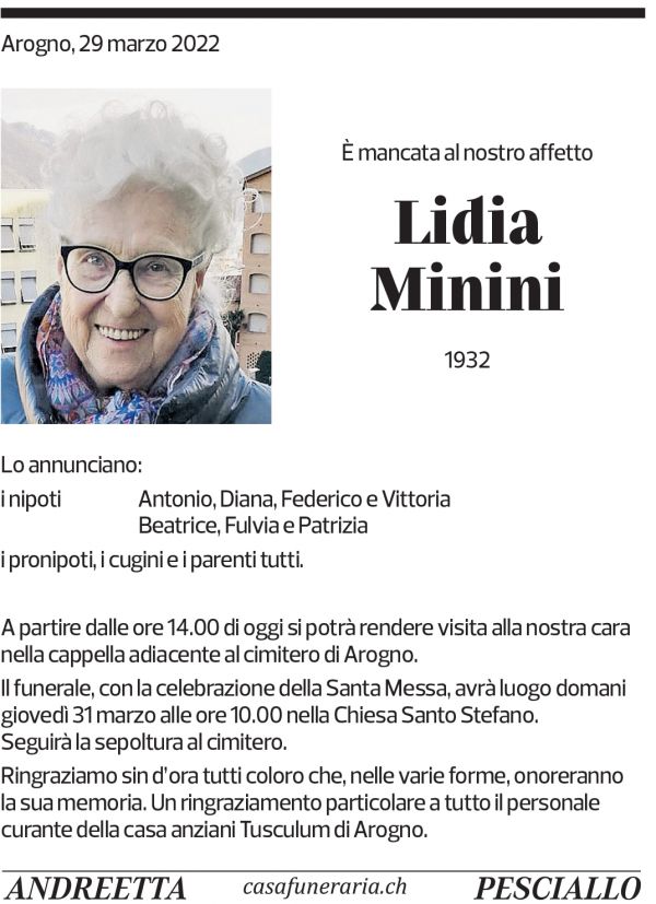 Annuncio funebre Lidia Minini