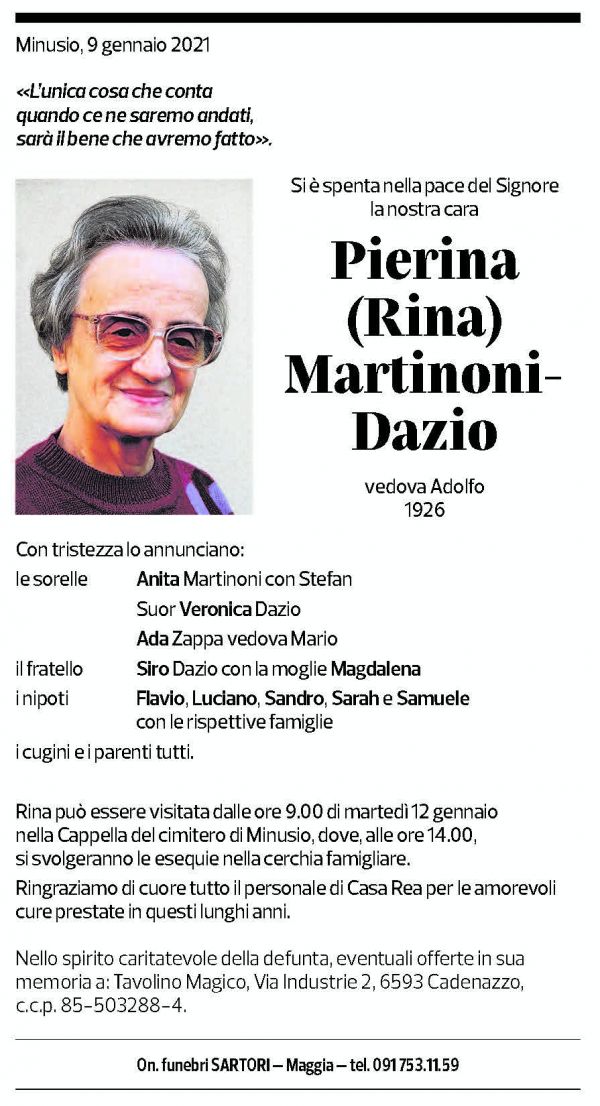 Annuncio funebre Pierina (rina) Martinoni - Dazio