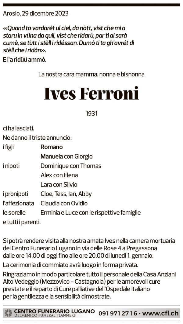Annuncio funebre Ives Ferroni