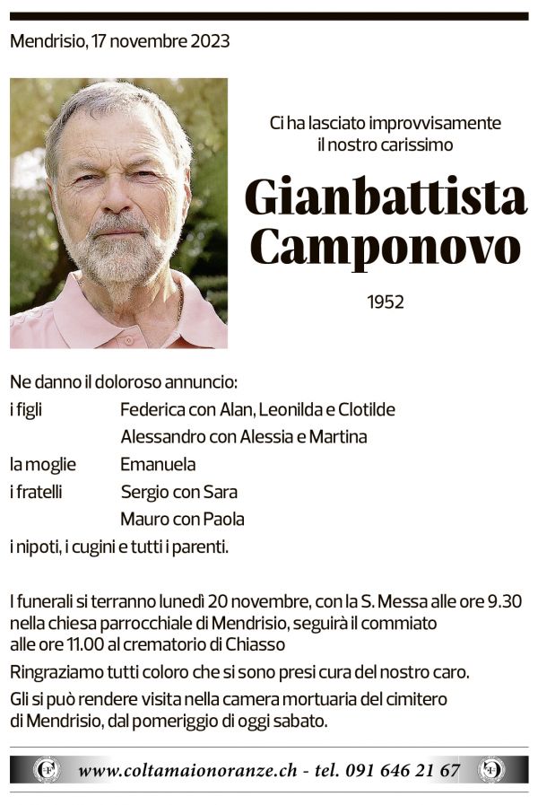 Annuncio funebre Gianbattista Camponovo