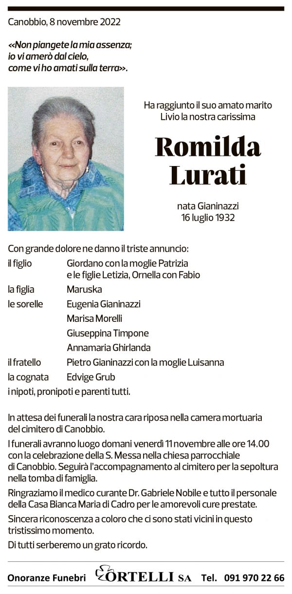 Annuncio funebre Romilda Lurati