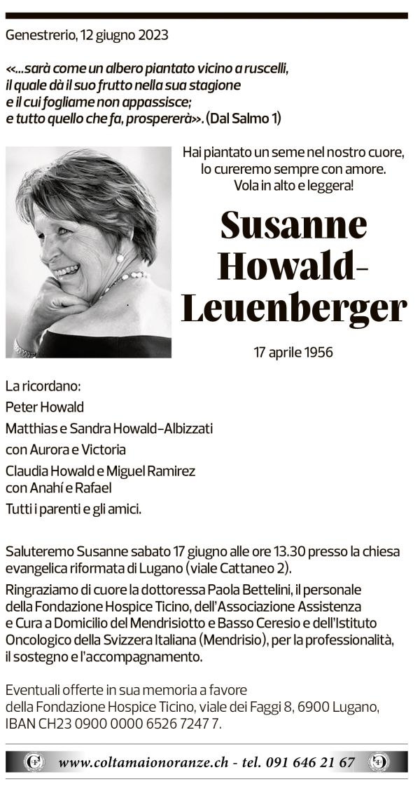 Annuncio funebre Susanne Howald-leuenberger