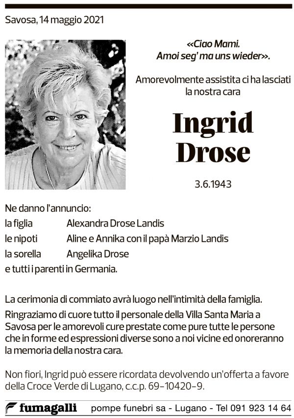 Annuncio funebre Ingrid Drose