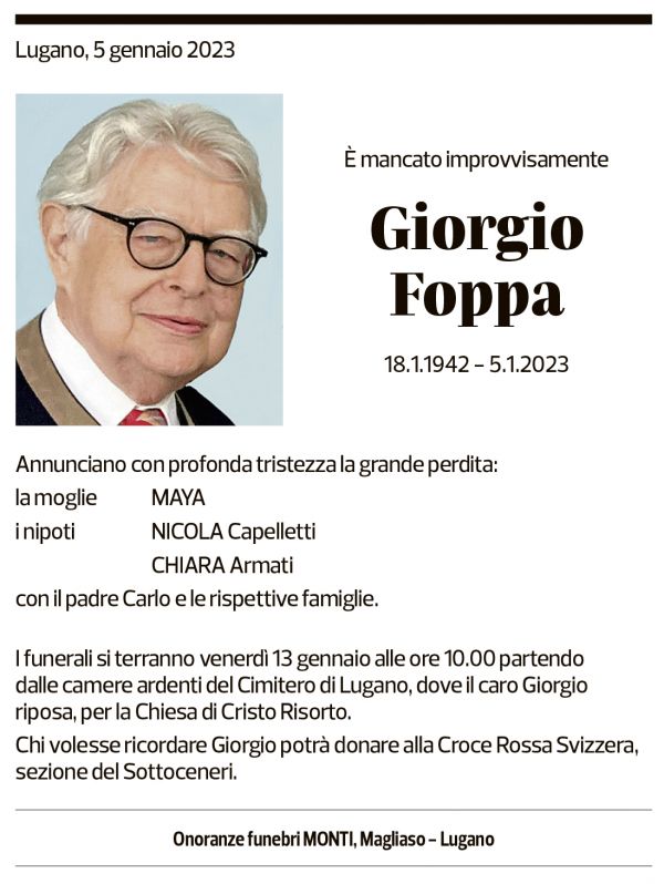 Annuncio funebre Giorgio Foppa