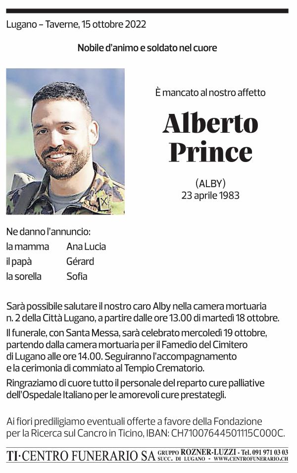 Annuncio funebre Alberto Prince