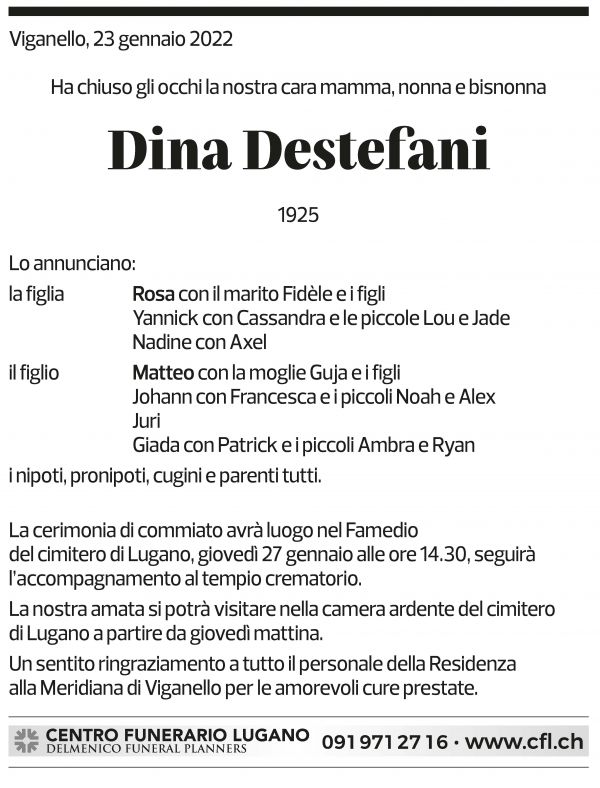 Annuncio funebre Dina Destefani