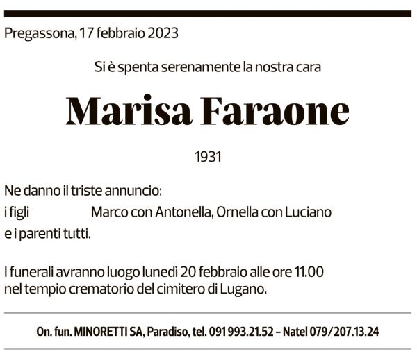 Annuncio funebre Marisa Faraone